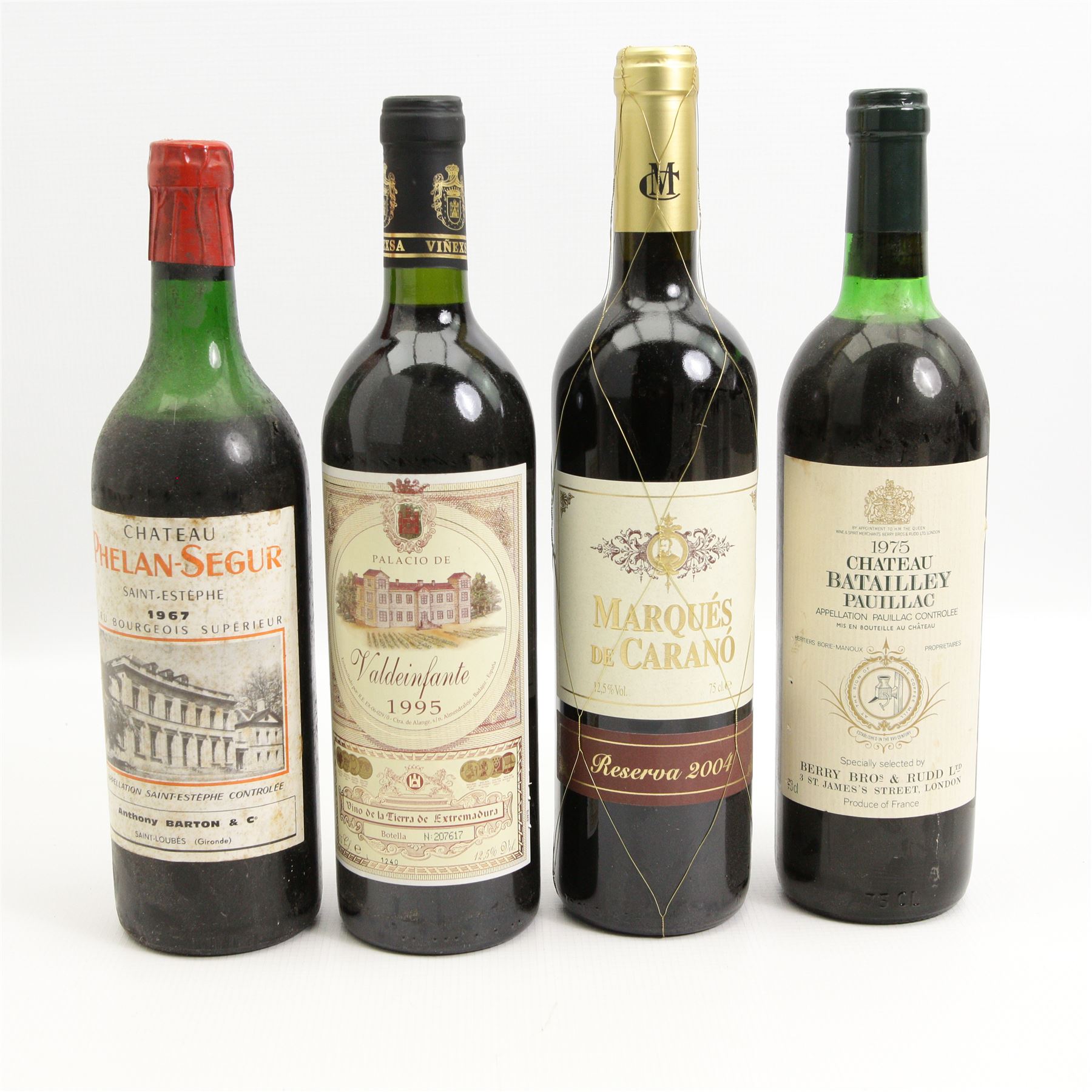 Chateau Phelan-Segur, 1967; Chateau Batailley Pauillac, 1975, 73cl; La Controlerie Lalande de Pomerol, 1975, 70cl; Chateau Talbot Bordeaux, 1975; Palacio de Valdeinfante, 1995, 75cl; Marques de Carano, Gran Reserva, 2004, 75cl; Chateau Baleau Grand Cru St Emilion, 1978, 75cl; Gigondas Cuvée de la Tour Sarrazine, 1990, 75% and Grand Constance Groot Constandia, 2015, 375ml (9)