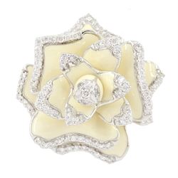 Roberto Coin 18ct white gold cream enamel and round brilliant cut diamond rose pendant / b...