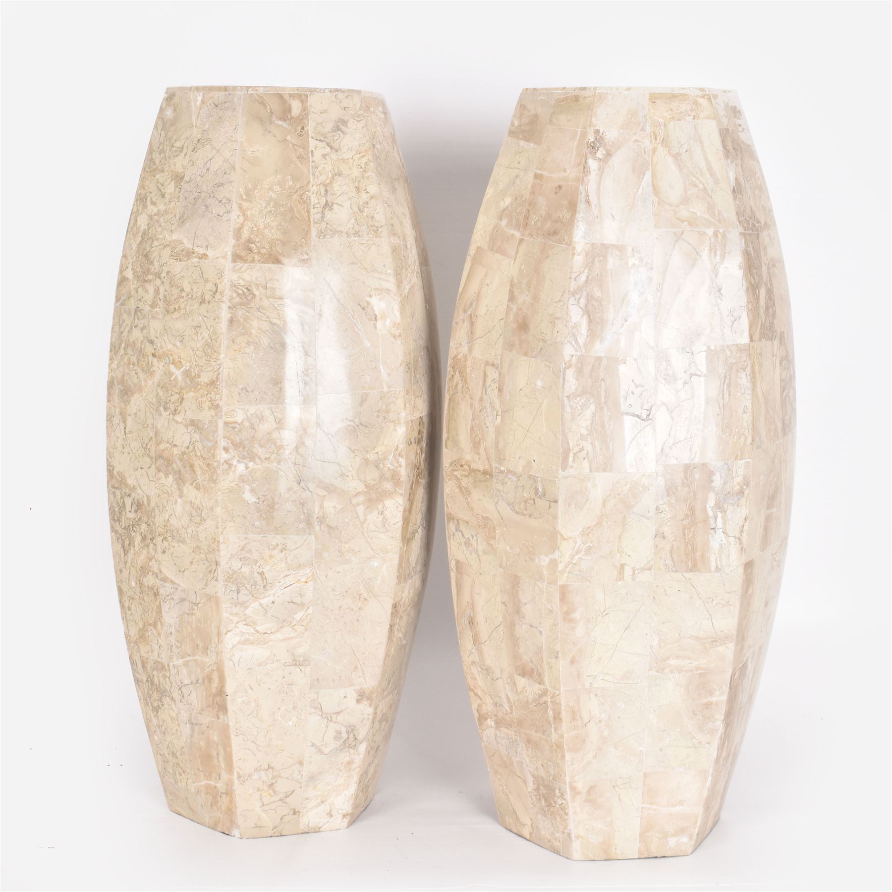 Pair of fossilised coral mosaic vases, of hexagonal form, H46cm