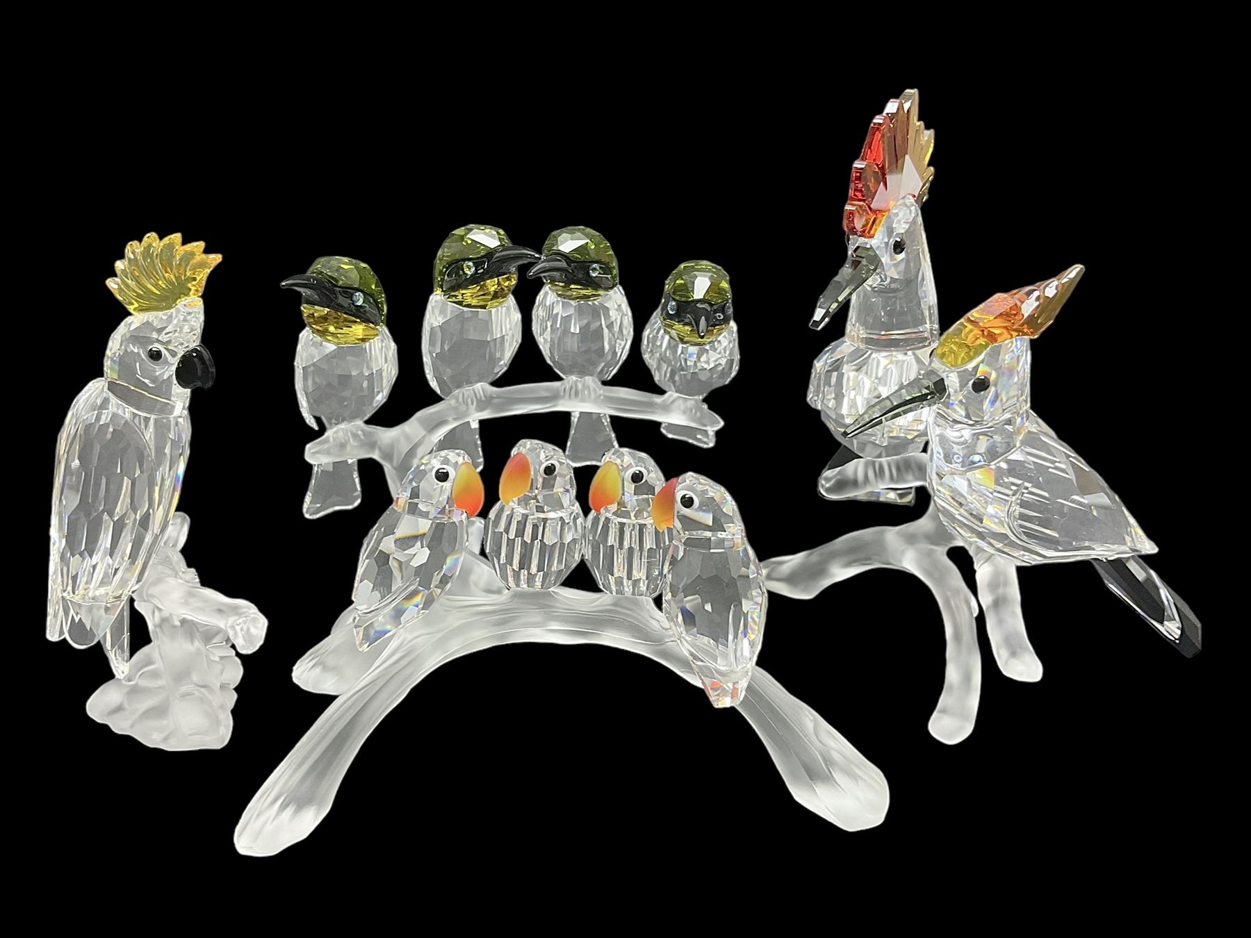 Four Swarovski Crystal bird figures, comprising Cockatoo, pair of Hoopoes  on a branch, four Lovebirds on a branch and four Hummingbirds on a branch,  largest H10cm - Decorative Antiques & Collectors