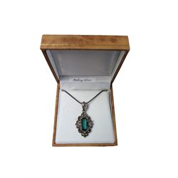 Silver marcasite and green stone pendant necklace, stamped, boxed 