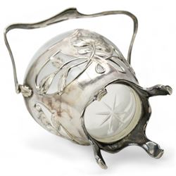 Early 20th century German Art Nouveau silver-plated bonbon basket by Dupper & Bernhold - Esslingen, with pierced and moulded floral body, stylised swing handle and glass liner, stamped DBE, H18cm 