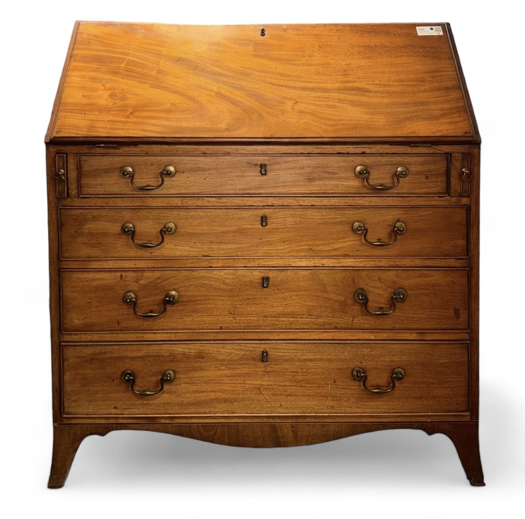 Georgian mahogany bureau, moulded fall front enclosing cupboard, small drawers, pigeonholes and inset writing surface, fitted with four long graduating cock-beaded drawers, on splayed bracket feet 