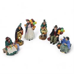 Six Royal Doulton figures, including The Mask Seller HN2103, The Pied Piper HN2102, Tuppen...