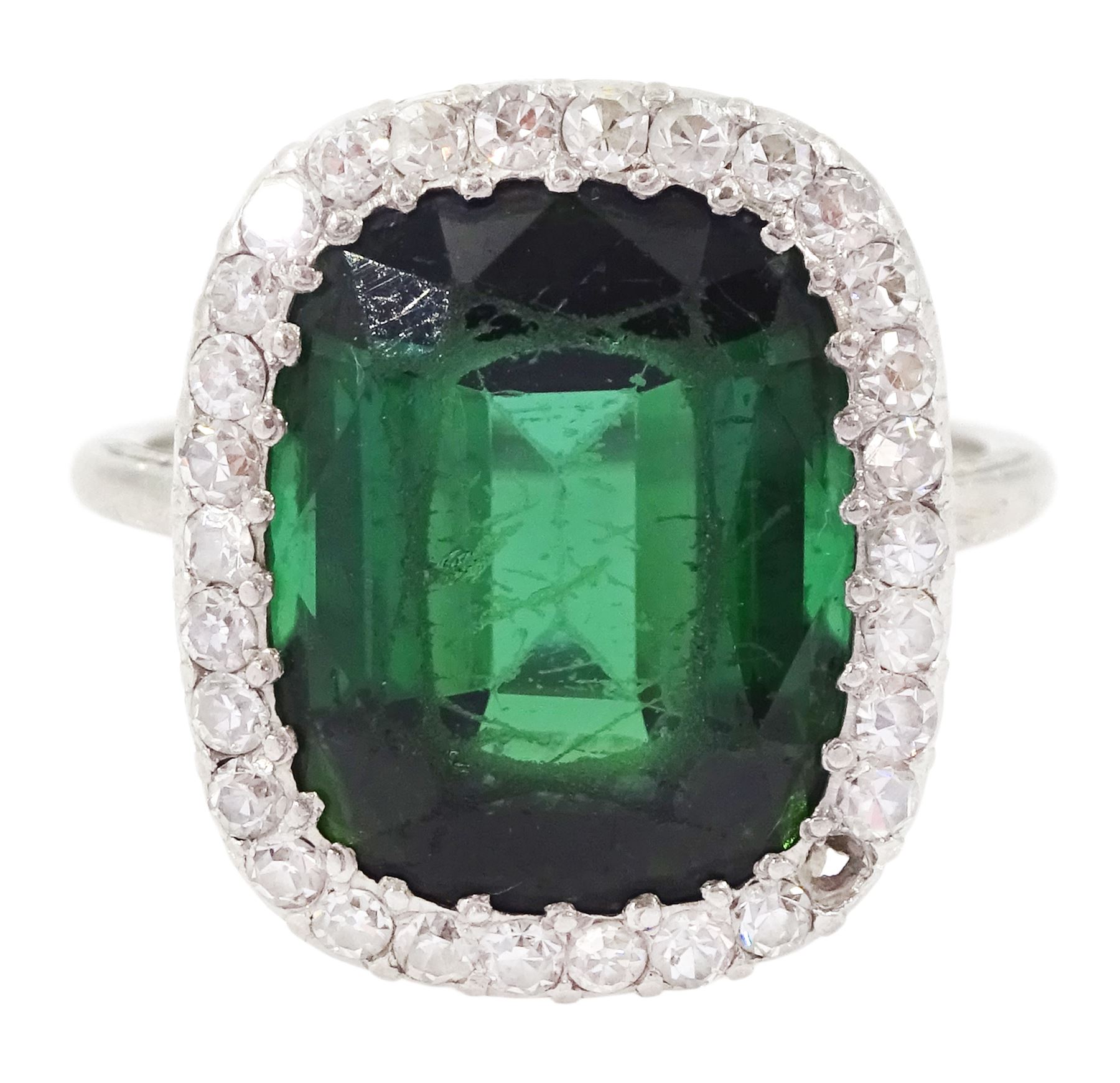 Early 20th century platinum green tourmaline and diamond cluster ring