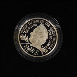 Four The Royal Mint United Kingdom silver proof five pound coins, comprising 1997 'In Memory of Diana Princess of Wales', 2000 'Queen Elizabeth The Queen Mother Centenary Year' piedfort, 2001 'Victorian Anniversary Crown' and 2002 '1900-2002 Her Majesty Queen Elizabeth The Queen Mother' all cased with certificates