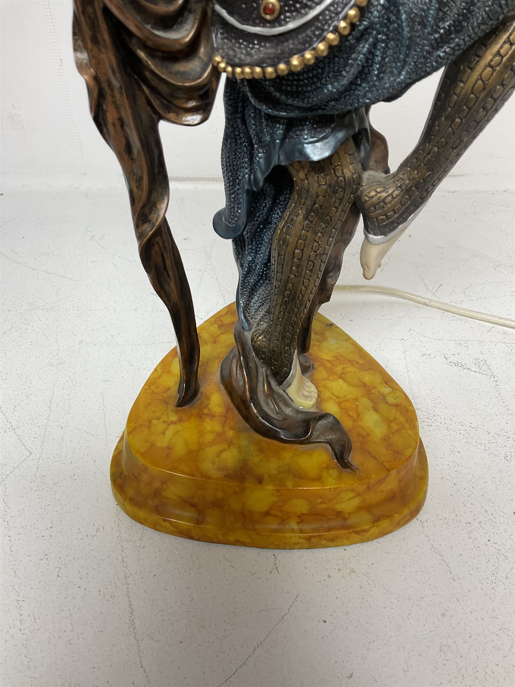 Art Deco style figural table lamp, modelled as a dancer upon an orange marbled base, H63.5cm