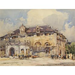 Frederick (Fred) Lawson (British 1888-1968): Horse and Cart Outside Train Station, watercolour signed and dated 1914, 27cm x 36cm