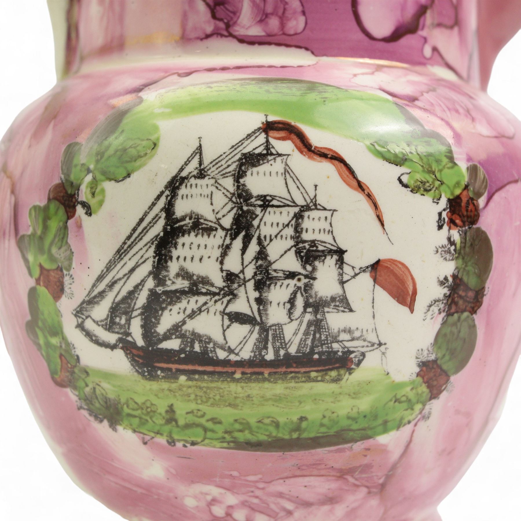 Victorian Sunderland lustre jug, transfer printed and painted in enamels with the verse 'The man doom'd to sail, With the blast of the gale...', and masted galleon to the other side, the front inscribed and dated 'Maria Peake, August 14th, 1839, H15cm, together with two small Sunderland lustre jugs, one transfer printed with the verse 'Ladies all pray make free, And tell me how You like your Tea' H7.5cm and the other with figures in a landscape (3)