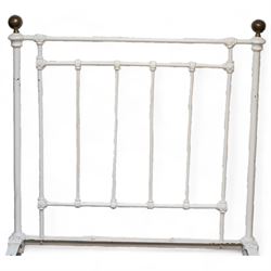 Victorian white painted cast iron 3' single bedstead, brass finials over floral moulded spindles, on castors