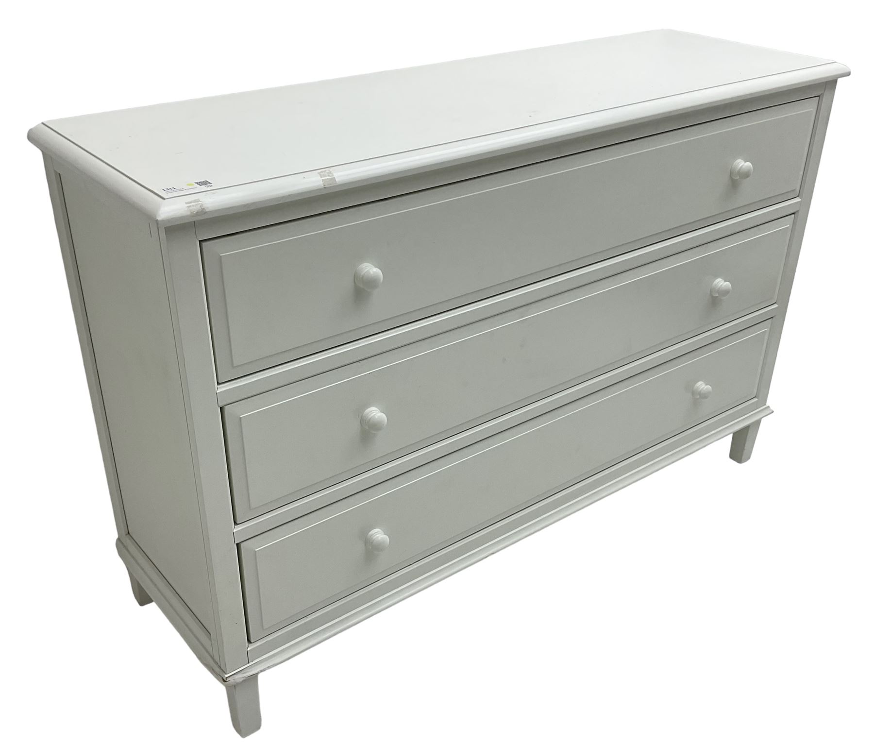 Contemporary wide white painted straight-front chest, fitted with three drawers