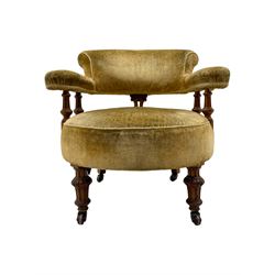 Victorian pair of mahogany armchairs, upholstered in gold velvet fabric, each with curved back, pierced splat and scroll arms, one with rounded seat and the other square, on turned front supports with castors