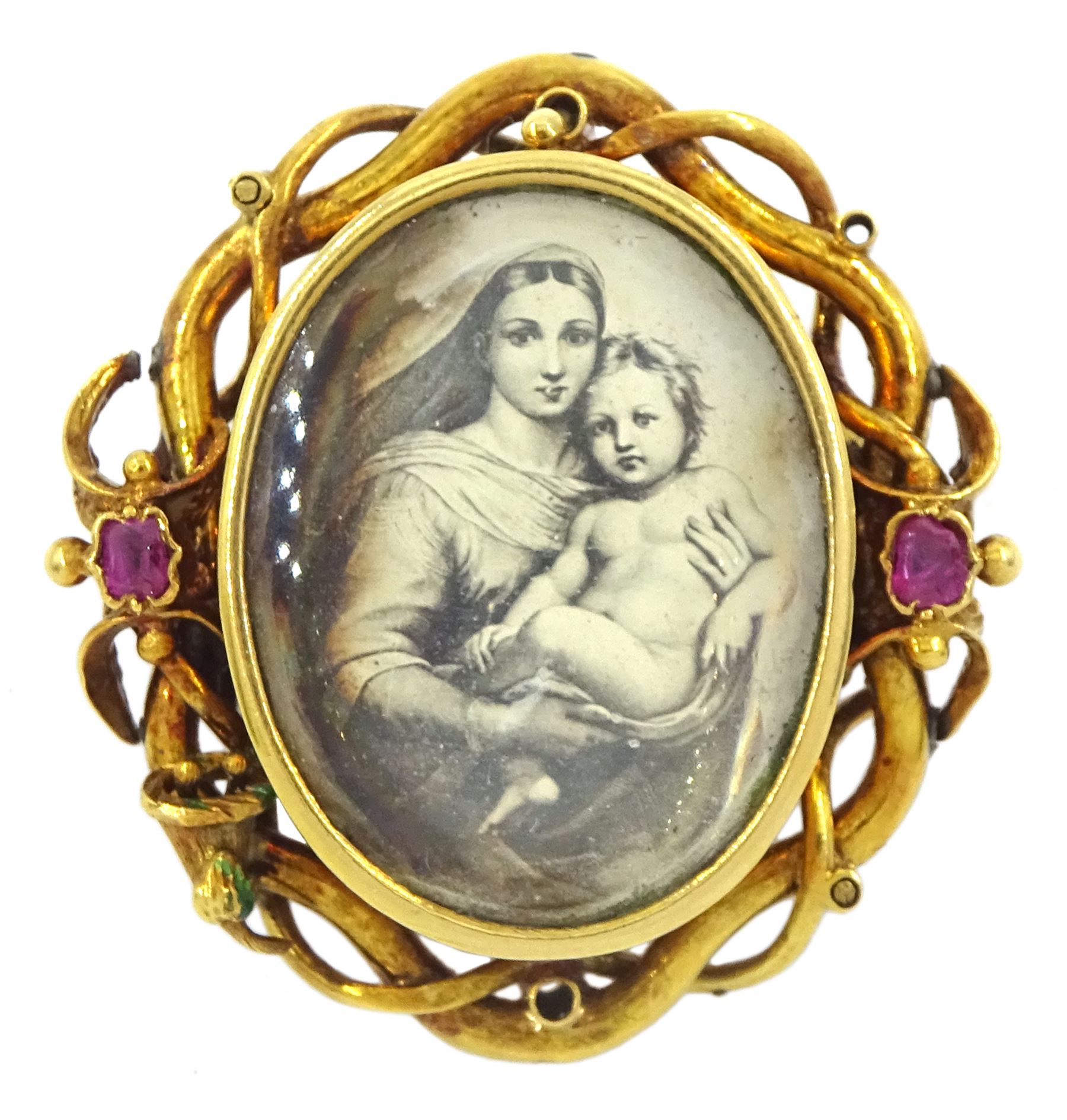 Early 20th century gold ruby set brooch, depicting Madonna and child