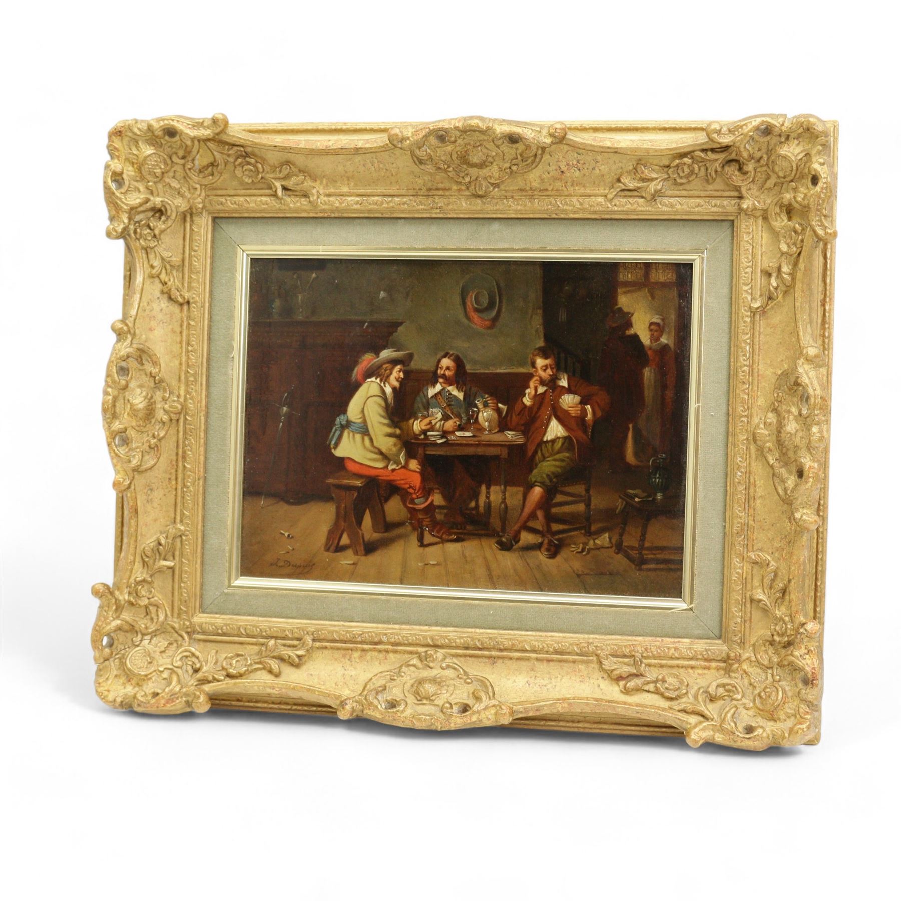 J Dupuis (French 19th Century): A Discussion Over Cards and Wine, oil on panel signed, indistinctly inscribed verso 19cm x 26cm 