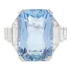 Early - mid 20th century platinum aquamarine and diamond ring, single stone octagonal cut ...