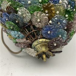 Two 20th century brass and murano glass pendent lanterns, each lantern is decorated with individual multi-coloured glass flowers, suspended from brass cover with floral swags, H40cm