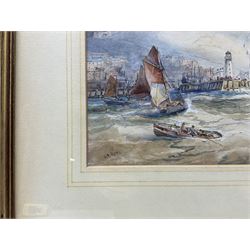 Robert Ernest Roe (British 1852-c.1921): Paddle Steamer and Sailing Vessels outside Scarborough Harbour, watercolour with scratching out signed 25cm x 37cm 