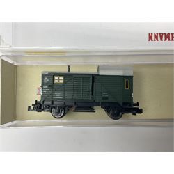 Fleischmann ‘N’ gauge ‘Piccolo’ - sixteen carriages, wagons and cars comprising nos. 8051, 8052, 8055, 8064, 8119K, 8127, 8128, 8129, 8202, 8211, 8224, 8240, 8281, 8301, 8500, 9372; along with Minitrix N503 Shock Van and 13576 6 ton Mineral Wagon; boxed and loose (18) 