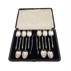 Set of ten Victorian silver Apostle tea spoons with matching pair of sugar tongs, hallmarked William Hutton & Sons, London 1889, in tooled leather silk and velvet lined case