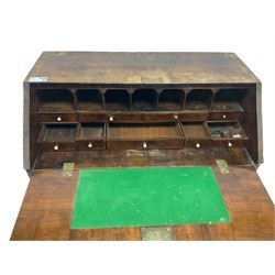 18th century walnut bureau, crossbanded and feather-banded rectangular top and fall-front, enclosing fitted interior with pigeonholes and correspondence drawers with bone handles, over two short and three long graduating drawers with moulded facias and original brass handles, on bracket feet