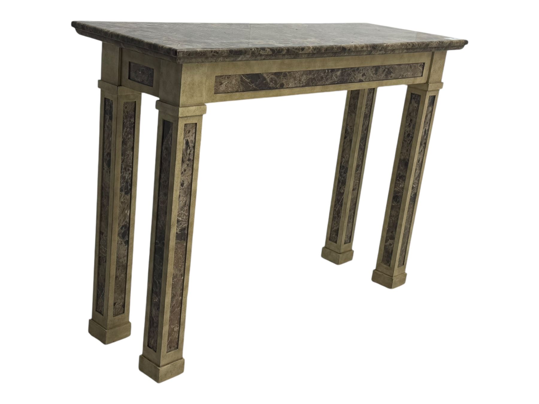 Rectangular console table, variegated marble top, on square supports with block feet 