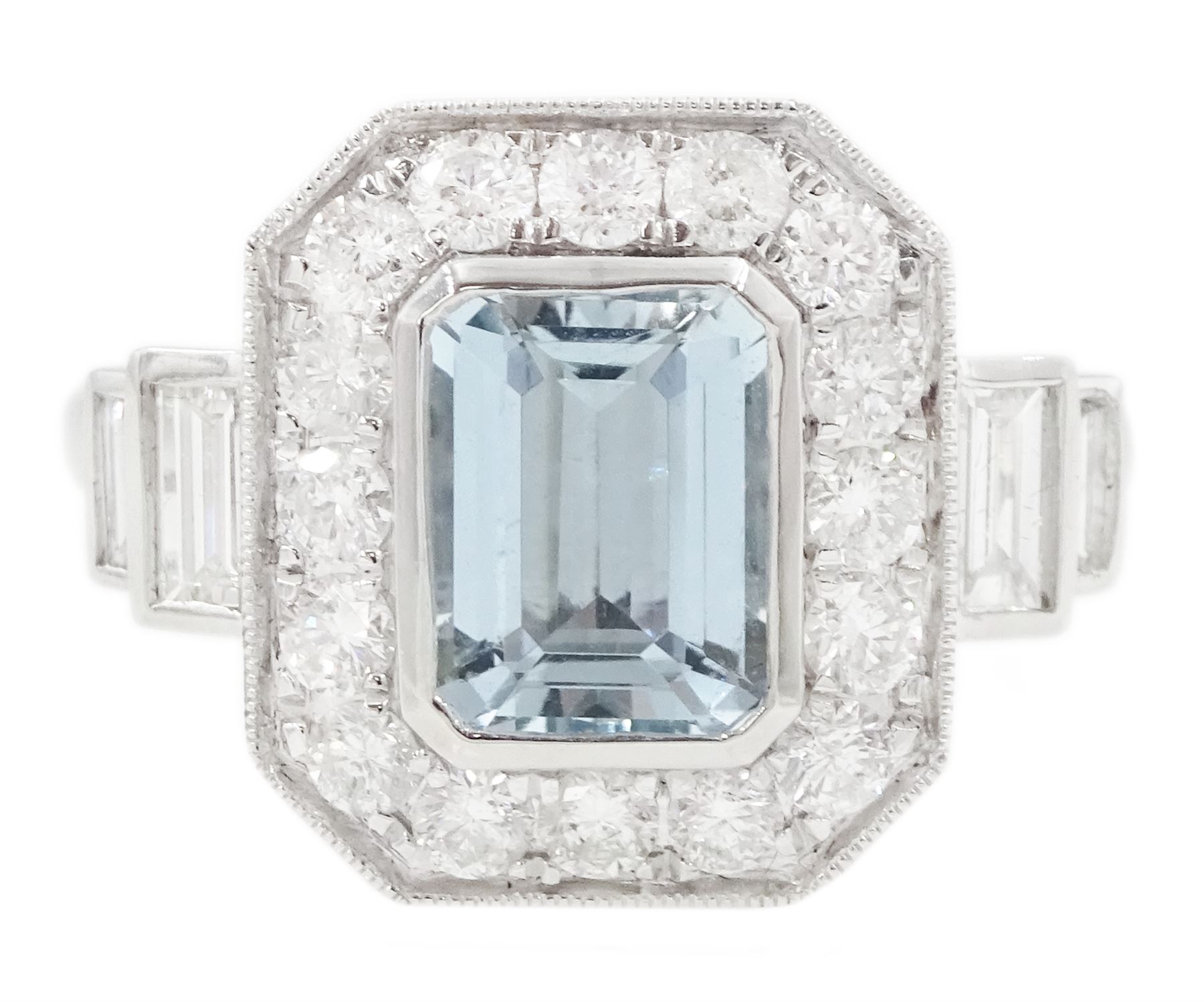 Platinum aquamarine and diamond cluster ring, emerald cut aquamarine of approx 1.40 carat, with milgrain set round brilliant cut diamond surround, each side set with two baguette cut diamonds, hallmarked, total diamond weight approx 1.10 carat