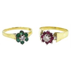 Gold emerald and diamond cluster ring and a gold ruby and diamond cluster ring, both hallmarked 18ct