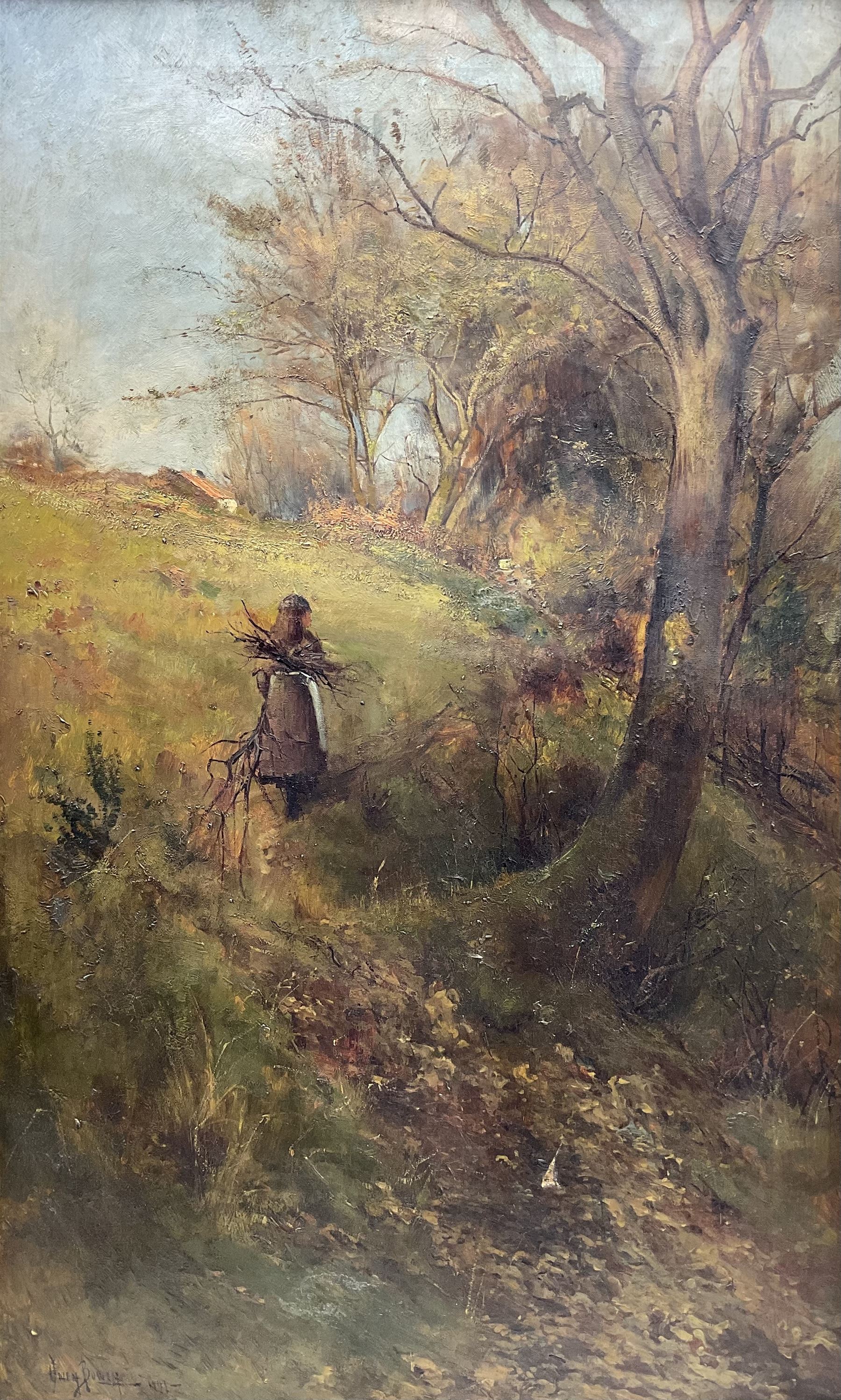 Owen Bowen (Staithes Group 1873-1967): Young Girl Gathering Twigs at the Woodland Edge, oil on canvas signed and dated 1892, 90cm x 55cm 
Provenance: private collection, purchased Morphets Harrogate 7th September 2000 Lot 592