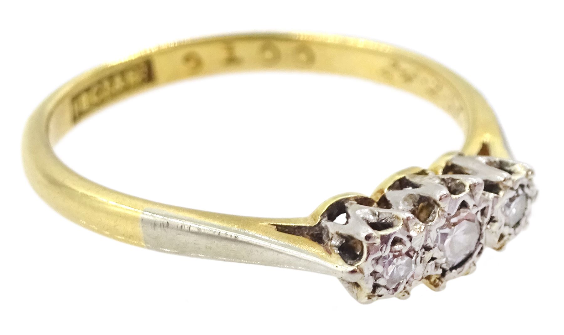 Mid 20th century gold three stone single cut diamond ring, stamped 18ct & PT