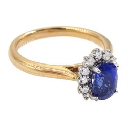 18ct rose gold oval cut sapphire and round brilliant cut diamond cluster ring, hallmarked, sapphire approx 1.25 carat