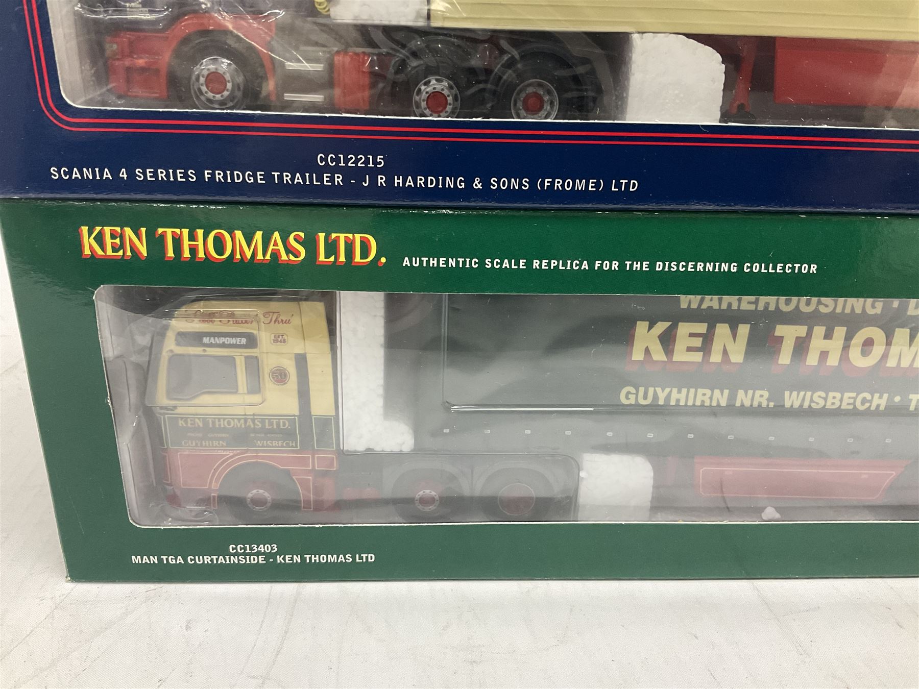 Corgi - three limited edition 1:50 scale heavy haulage vehicles comprising CC13403 MAN TGA Curtainside Ken Thomas Ltd.; CC12215 Scania 4 Series Fridge Trailer J.R. Harding & Sons (Frome) Ltd.; and CC12903 Scania Topline Curtainside Currie European Transport; all boxed (3)