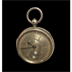 Victorian silver open face lever pocket watch, No. 51655, silvered dial with Roman numerals and subsidiary seconds dial, case by John Harris, London 1875