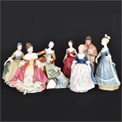 Eight Royal Doulton figures, including Lambing Time, Innocence, Ascot, Alison etc 