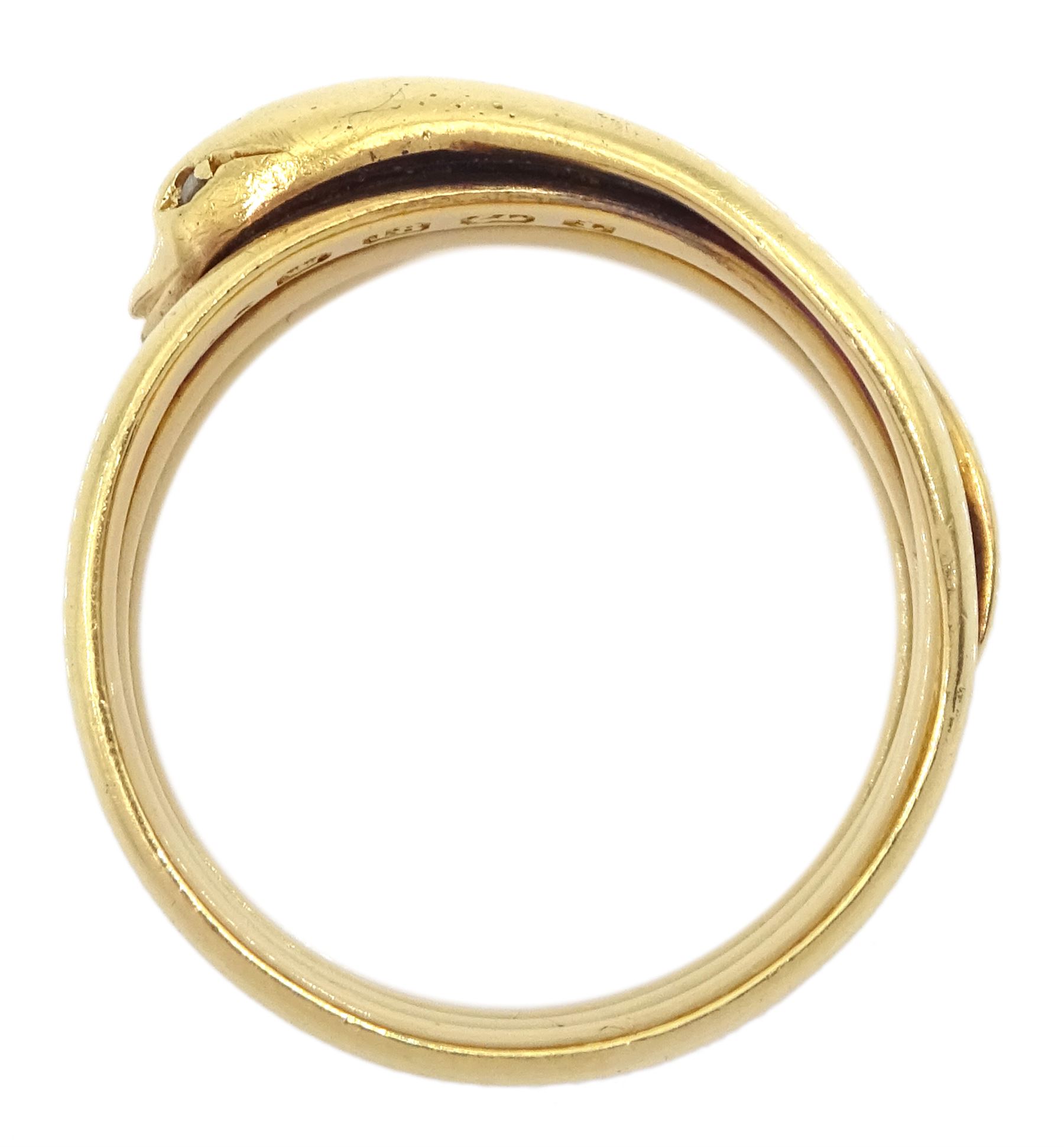 Victorian 18ct gold coiled snake ring, with a diamond set eye by Vaughton & Sons, Birmingham 1885