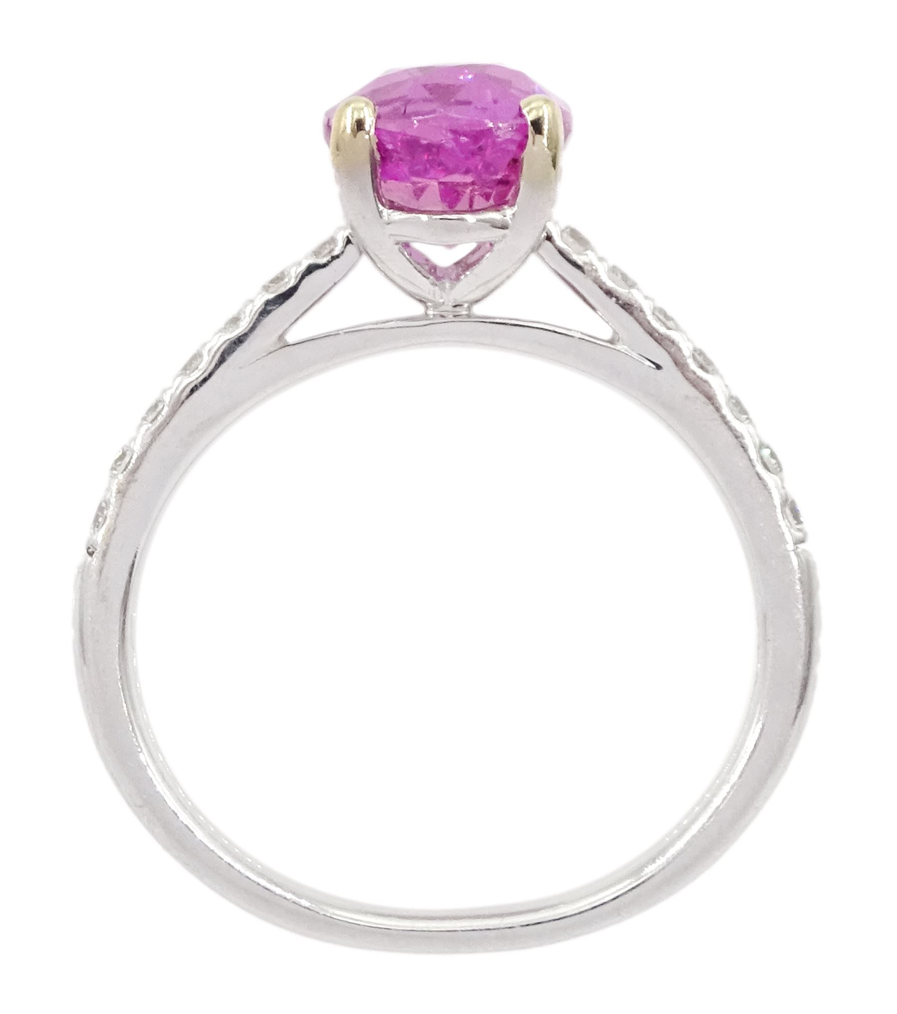 18ct white gold oval cut pink sapphire ring, with diamond set shoulders, hallmarked, sapphire approx 2.80 carat