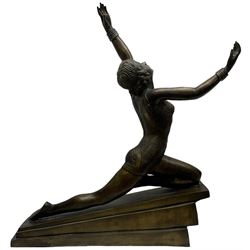 Large bronzed Art Deco style figure of a dancer, on stepped base, H71cm