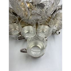 Art Deco German silver plate and cut glass punch bowl & cover, with ladle and twelve cut glass and silver plate cups, makers marks for Badische Metallwarenfabrik