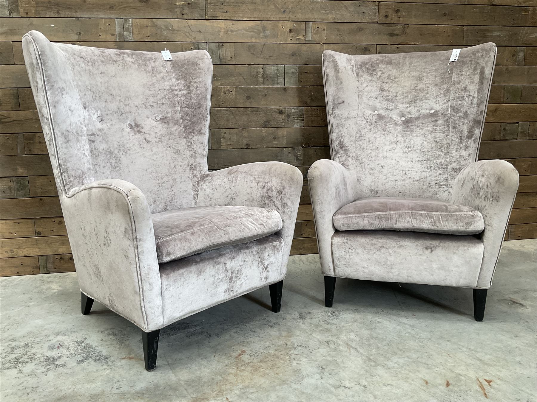 4 x Wing back armchair upholstered in silver crushed velvet fabric