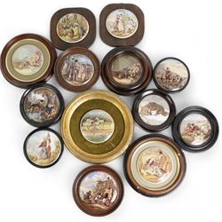 Collection of Victorian Pratt ware and other pot lids including 'Embarking for the East', 'The Snow Drift', 'Garibaldi', The Game Bag', 'The Enthusiast' and others, framed (13)