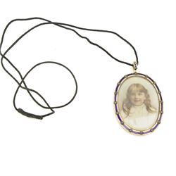 Early 20th century portrait miniature of a head and shoulder of a girl on ivory, mounted in 9ct gold locket pendant, with white and blue enamel border, with applied diamond chip star decoration. This item has been registered for sale under Section 10 of the APHA Ivory Act