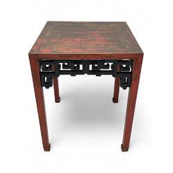 Late 19th century Chinese Qing dynasty red and black lacquered wood tall tea table, Shanxi region, square top over geometric scroll fretwork panels, on square supports with hoof feet 