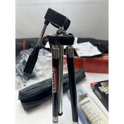 Collection of camera equipment and accessories, including tripods, stands and cases, by various makers including Hama, Benbo, etc 