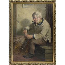 David W Haddon (British fl.1884-1914): Mending Nets, oil on canvas signed 68cm x 47cm
