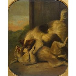 After George Morland (British 1763-1804): 'Fighting Dogs', 19th century oil on canvas unsigned 51cm x 41cm, in ornate cartouche moulded gilt frame, overall 73cm x 56cm