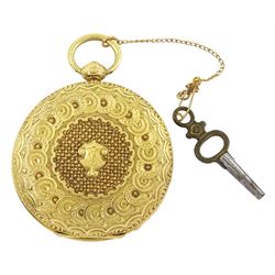 Early 20th century 18ct gold open face key wound cylinder pocket watch, gilt dial with Roman numerals, case with ornate decoration and cartouche, stamped 18K