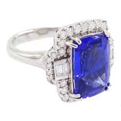 18ct white gold tanzanite, baguette and round brilliant cut diamond cluster ring, stamped 750, tanzanite approx 6.15 carat, total diamond weight approx 0.65 carat