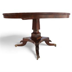 William IV mahogany breakfast or centre table, circular tilt-top with book-matched figured veneers within crossbanding, tapered square column on concaved square platform, four splayed acanthus carved feet with brass hairy paw castors 