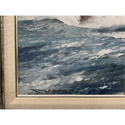 Roger H Middlebrook (British 1929 -): 'HMS Hood in Heavy Seas in the Atlantic', oil on board signed, titled verso 49cm x 74cm 