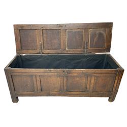 17th century panelled oak blanket chest or kist, quadruple panelled hinged lid over quadruple panelled front, moulded frame and pegged construction, on stile supports