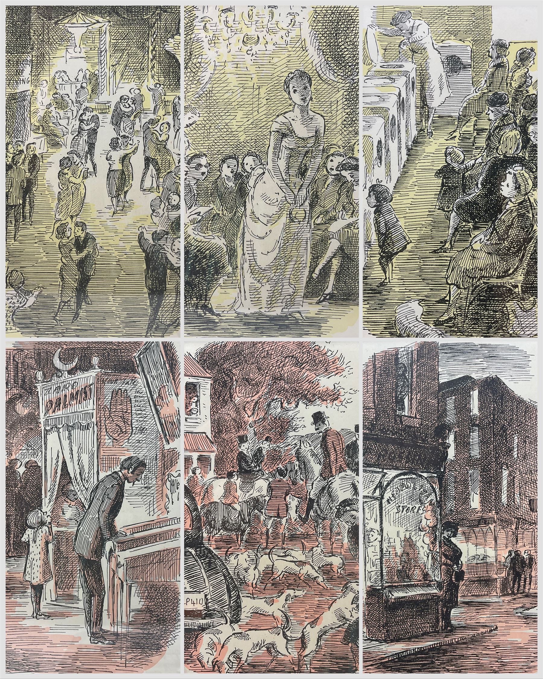 After Edward Ardizzone (British 1900-1979): Village Scenes, set of 12 prints framed as one, with accompanying poem overall 47cm x 87cm 